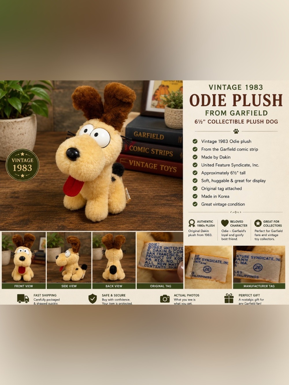 Vintage 1983 United Features Odie Plush Dog 6.5”Garfield Dakin Korea Stuffed Toy